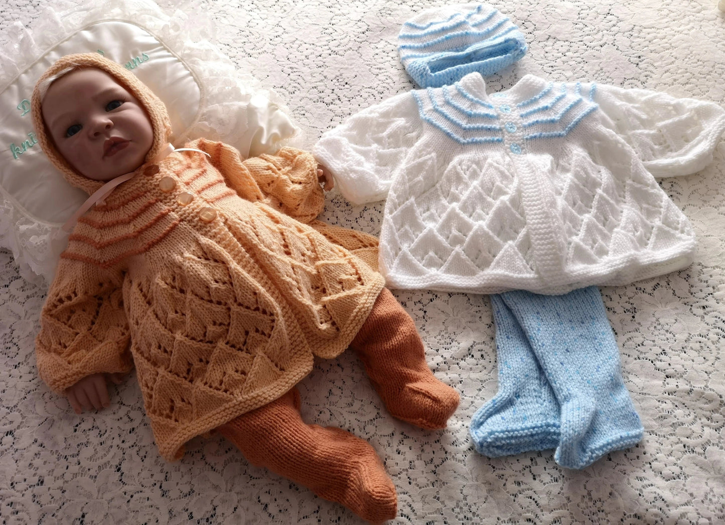 Printed Knit Pattern 91 – Lacy Matinee Set With Footies - DollieBabies
