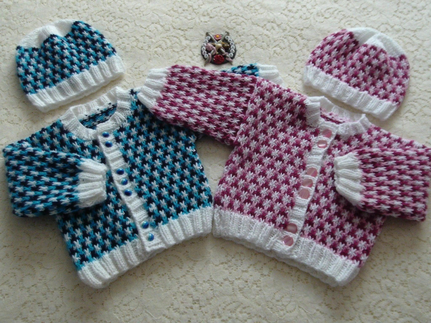 Ready Made Knitted 0-3 Month Multi-Coloured Mixed Twin Cardigans - DollieBabies