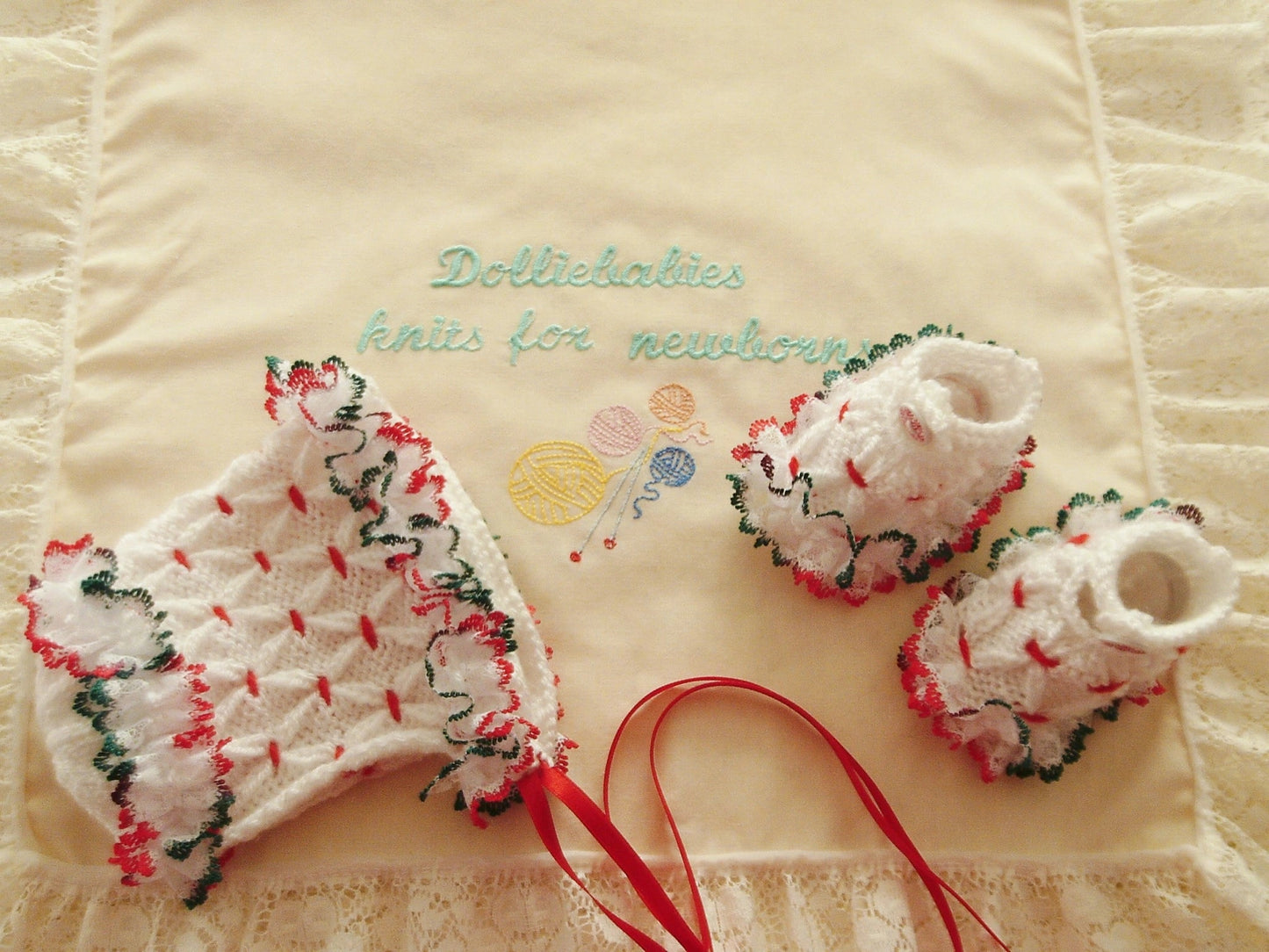 Printed Knit Pattern 57 - Smocked Baby Bonnet & Bootees - DollieBabies