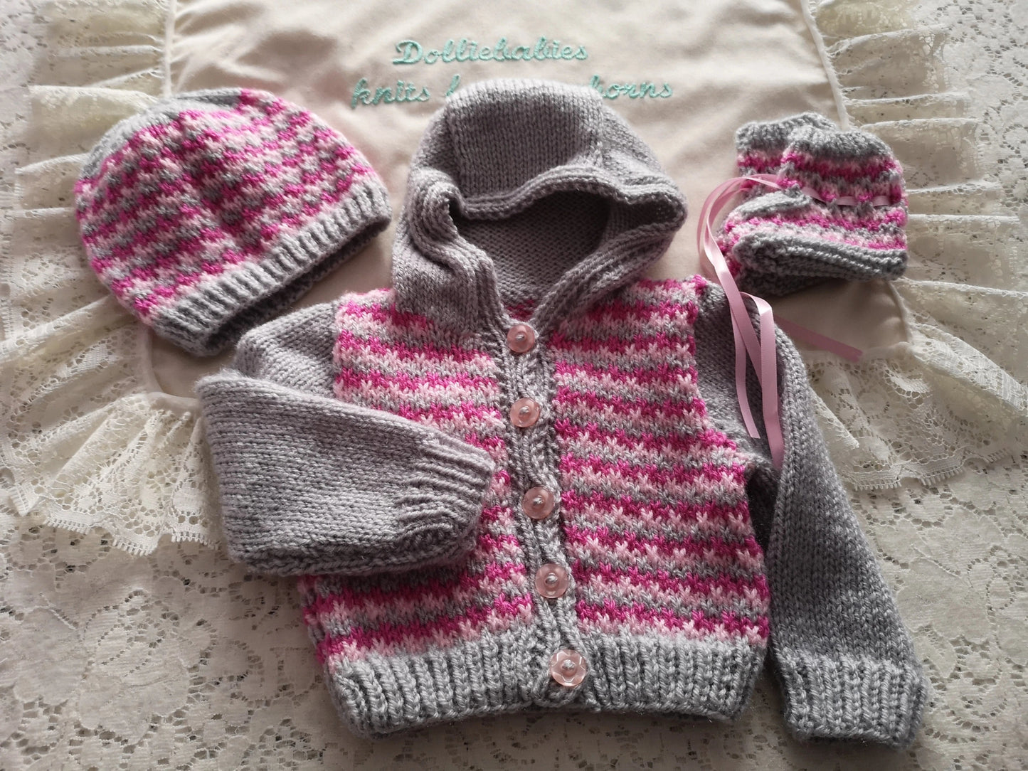 Printed Knitting Pattern 72 – Three Colour Hooded Jacket - DollieBabies