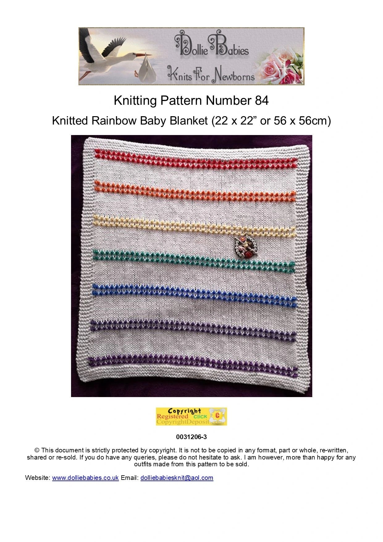 Printed Knitting Pattern 84 - Rainbow Striped Baby Blanket - DollieBabies