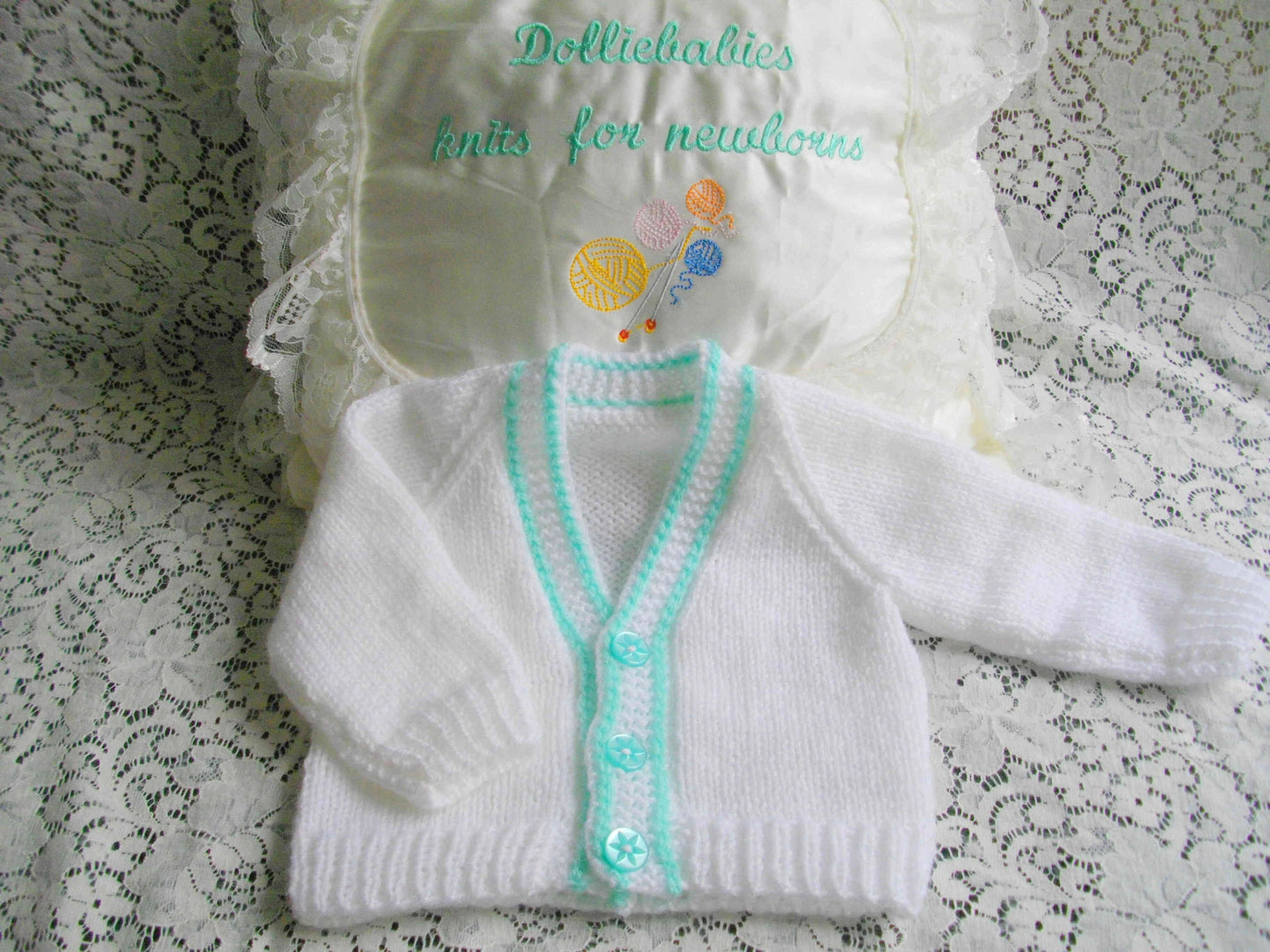 Ready Made 0-3 Month White/Green Baby Cardigan - DollieBabies