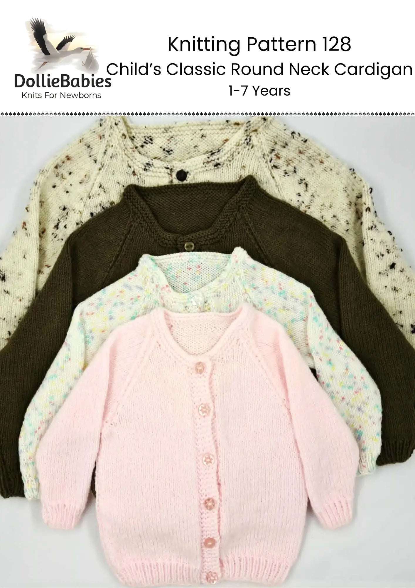 Child Classic Round Neck Cardigan Knitting Pattern PDF 128 - DollieBabies