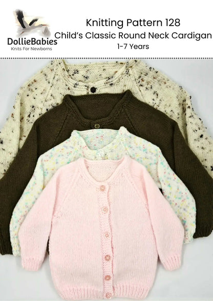 Child Classic Round Neck Cardigan Knitting Pattern PDF 128 - DollieBabies