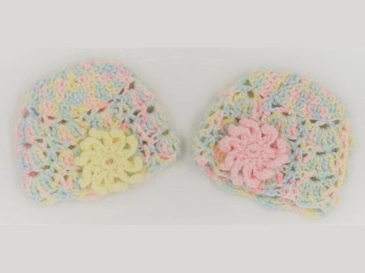 Ready Made Crocheted Newborn Fraternal Twin Girl Beanie Hats - DollieBabies