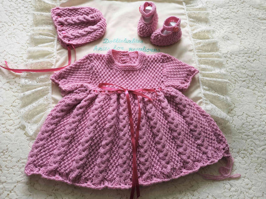 Printed Knitting Pattern 77 – Girls Cabled Dress Set - DollieBabies