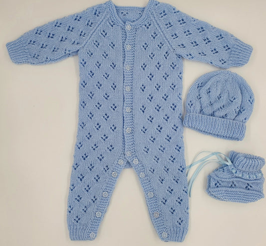 Printed Knitting Pattern 106 – Lacy All-In-One Romper Set - DollieBabies