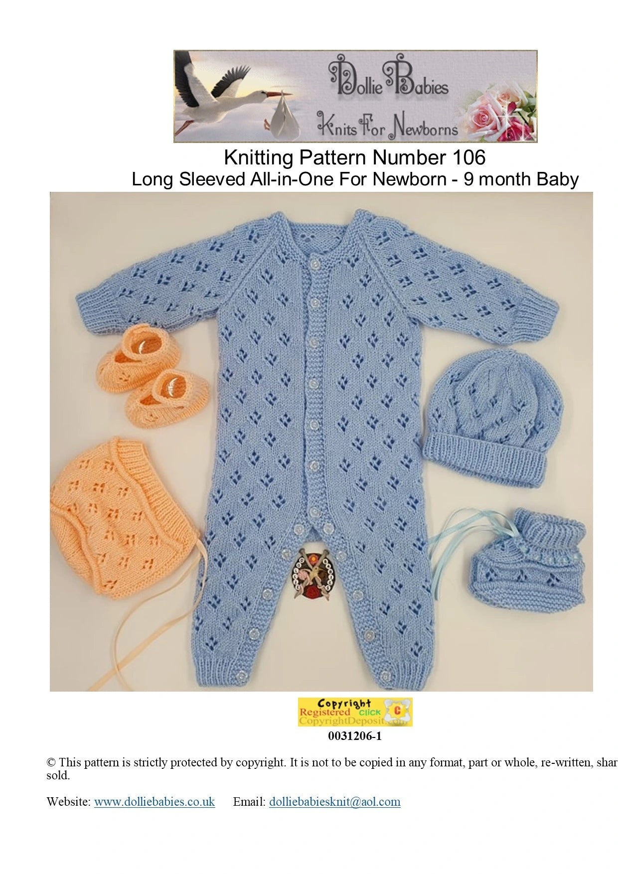 Printed Knitting Pattern 106 – Lacy All-In-One Romper Set - DollieBabies