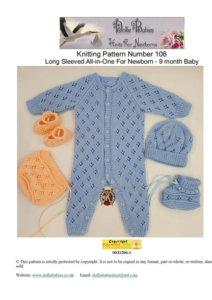 Printed Knitting Pattern 106 – Lacy All-In-One Romper Set - DollieBabies