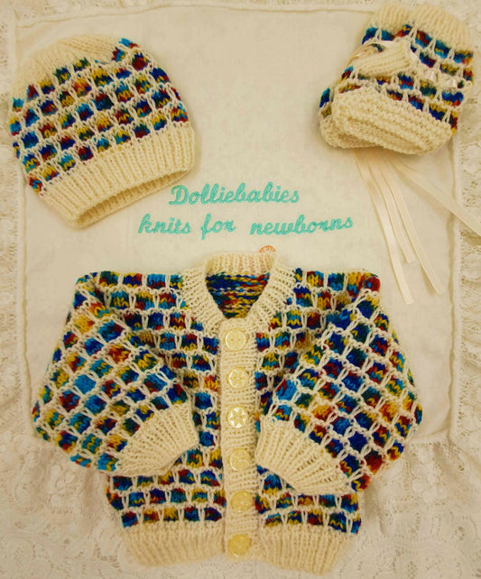 Printed Knitting Pattern 109 – Mosaic Look Cardigan Set - DollieBabies
