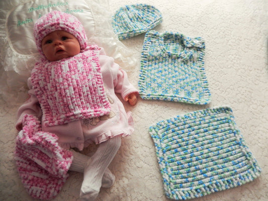 Printed Knitting Pattern 51 - Bib, Beanie & Comforter Set - DollieBabies