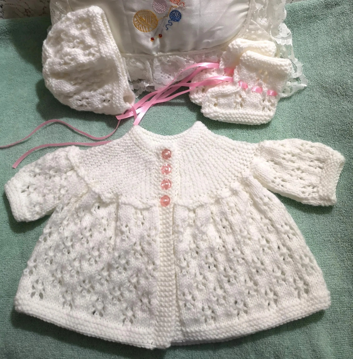 Matmee Pattern Sideways Yoke Matinee Set Knitting Pattern - DollieBabies