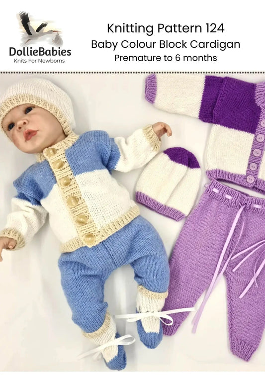 PRINTED Baby Colour Block Cardigan Knitting Pattern 124 - DollieBabies