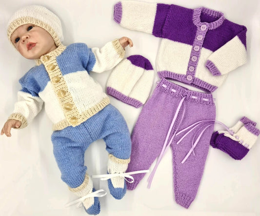 Printed Baby Knitting Pattern 124 Colour Block Cardigan Set - DollieBabies