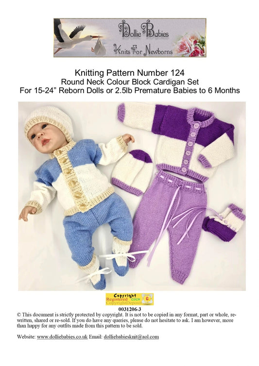 Printed Baby Knitting Pattern 124 Colour Block Cardigan Set - DollieBabies