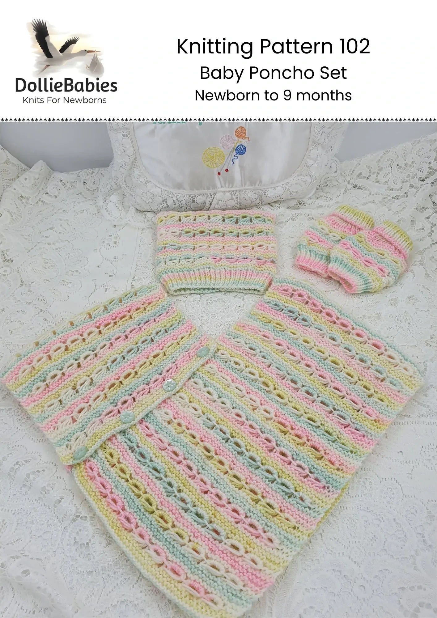 PRINTED Baby Poncho Set Knitting Pattern 102 - DollieBabies