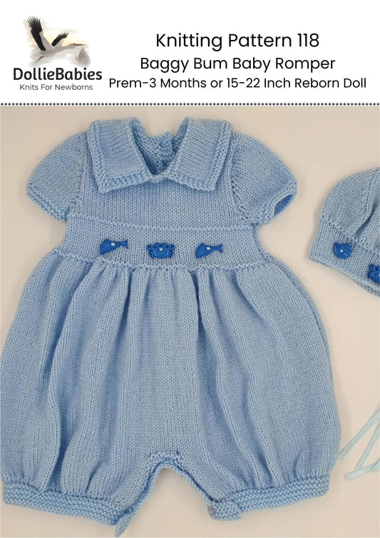 PRINTED Baggy Bum Baby Romper Knitting Pattern 118 - DollieBabies