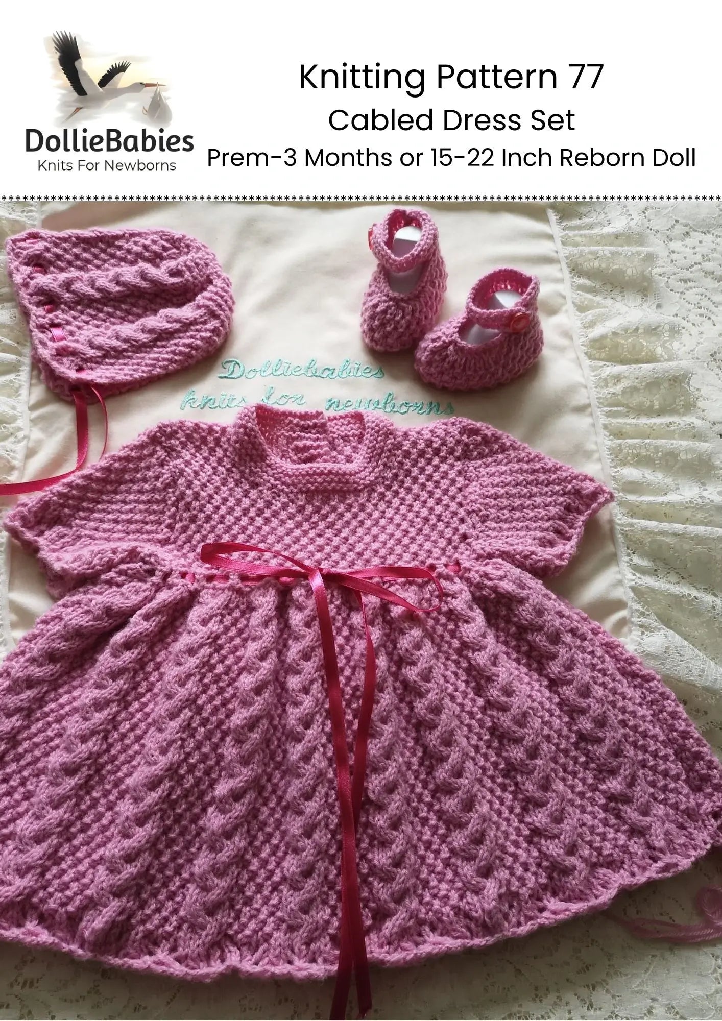 PRINTED Cabled Baby Dress Set Knitting Pattern 77 - DollieBabies