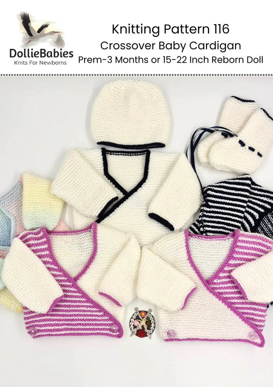 Printed version of knitting pattern number 116 for a crossover baby cardigan