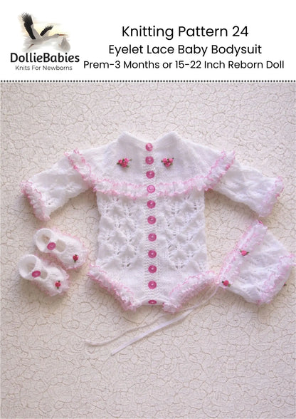 PRINTED Eyelet Lace Baby Bodysuit Knitting Pattern 24 - DollieBabies