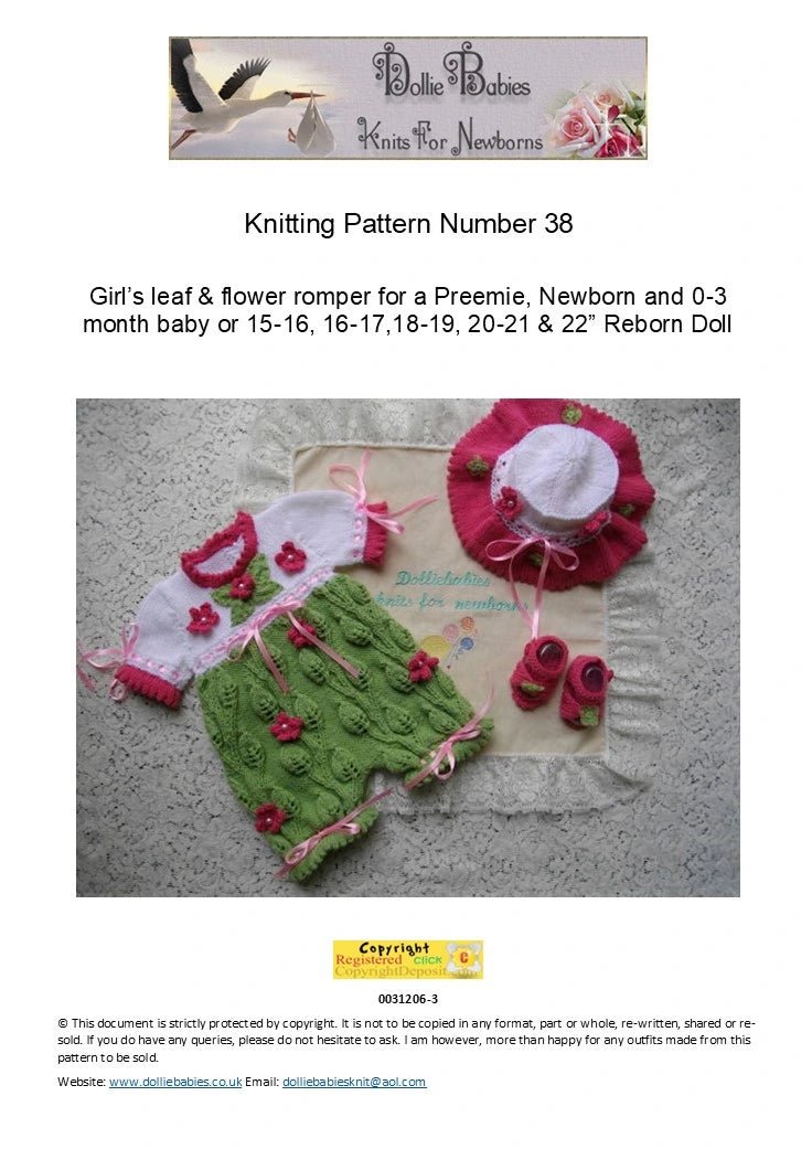 PRINTED Flower and Leaf Romper Knit Pattern 38 - DollieBabies