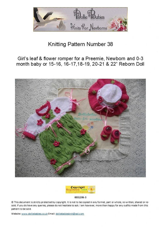 PRINTED Flower and Leaf Romper Knit Pattern 38 - DollieBabies