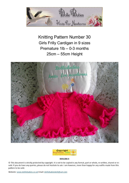 PRINTED Frill Sleeve Baby Cardigan Knitting Pattern 30 - DollieBabies