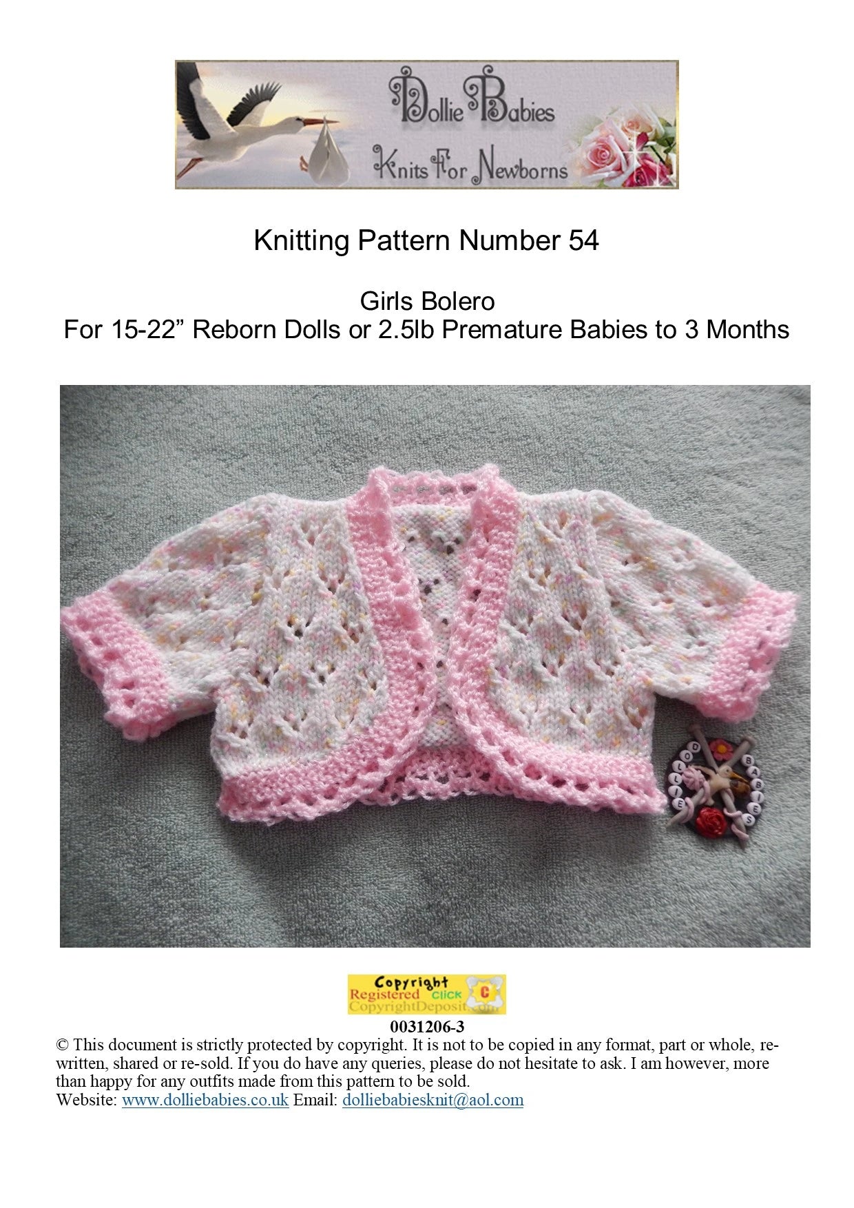 PRINTED Lacy Baby Bolero Knitting Pattern 54 - DollieBabies