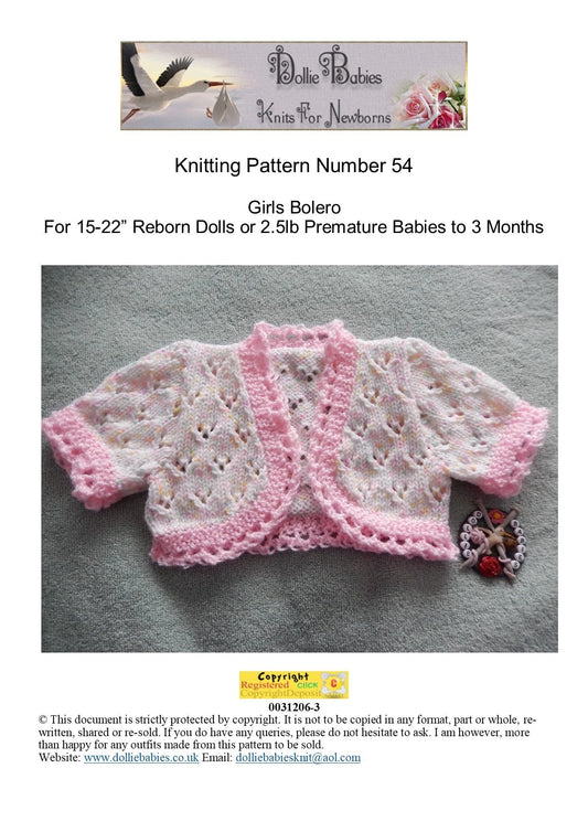 PRINTED Lacy Baby Bolero Knitting Pattern 54 - DollieBabies