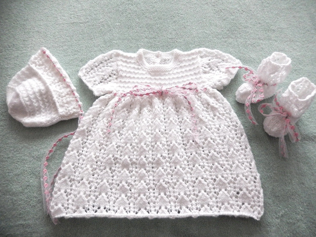 PRINTED Lacy Baby Dress Set Knitting Pattern 50 - DollieBabies