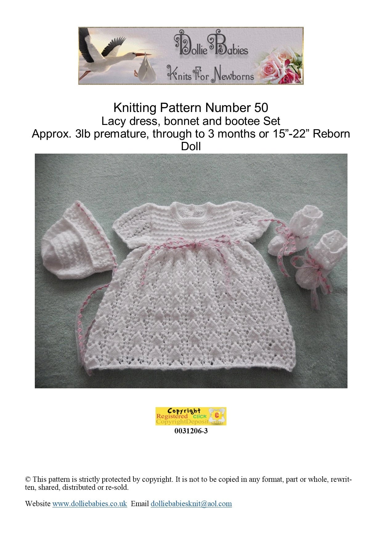 PRINTED Lacy Baby Dress Set Knitting Pattern 50 - DollieBabies