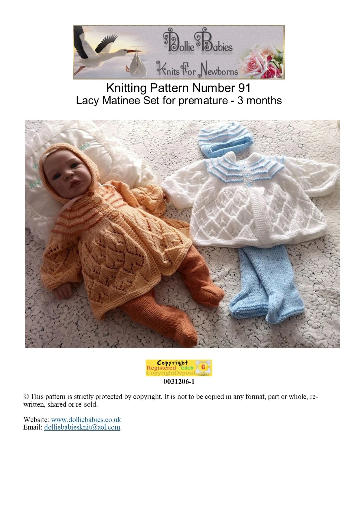 PRINTED Lacy Matinee Set With Footies Knitting Pattern 91 - DollieBabies