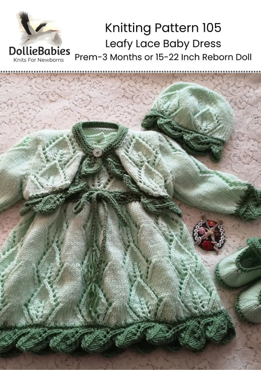 PRINTED Leafy Lace Baby Dress Knitting Pattern 105 - DollieBabies