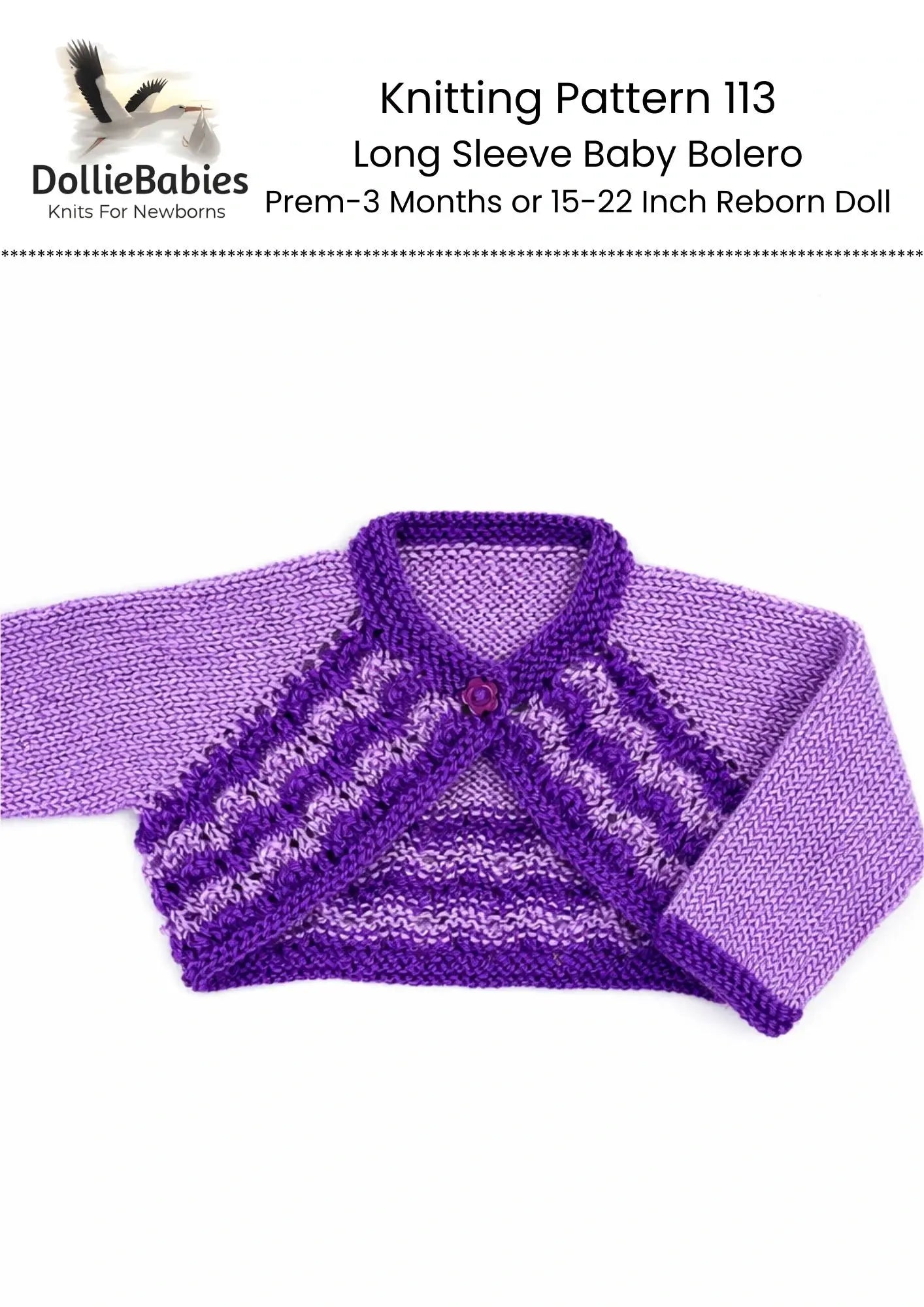PRINTED Long Sleeve Baby Bolero Knitting Pattern 113 - DollieBabies