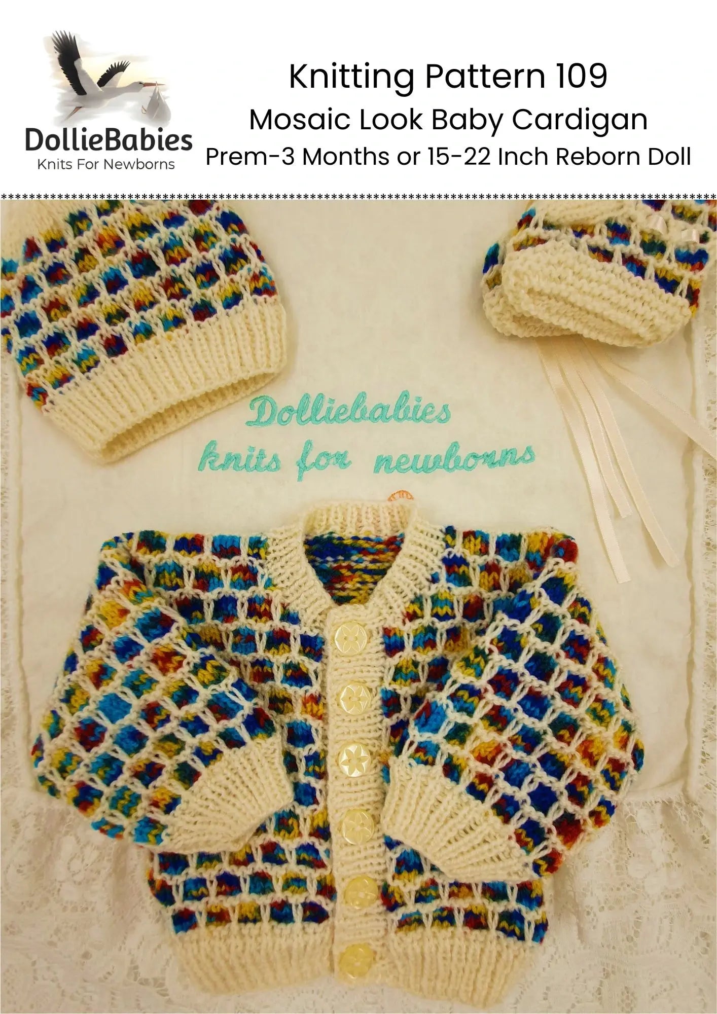 PRINTED Mosaic Look Baby Cardigan Knitting Pattern 109 - DollieBabies
