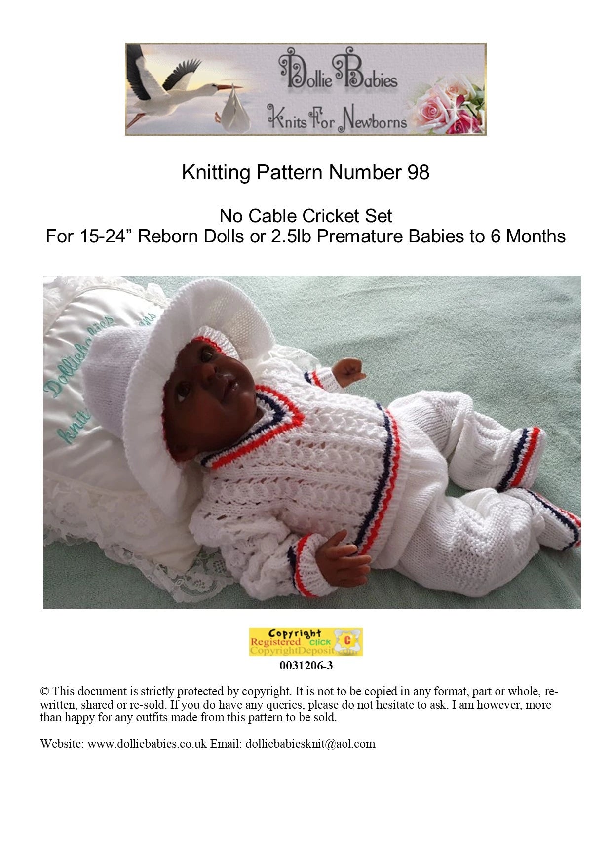 PRINTED No Cable Cricket Set Knitting Pattern 98 - DollieBabies