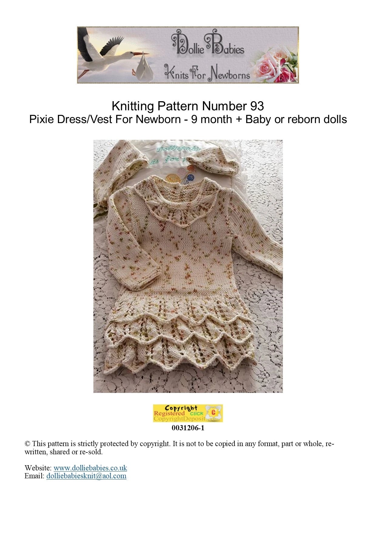 PRINTED Pixie Dress Bodysuit Knitting Pattern 93 - DollieBabies