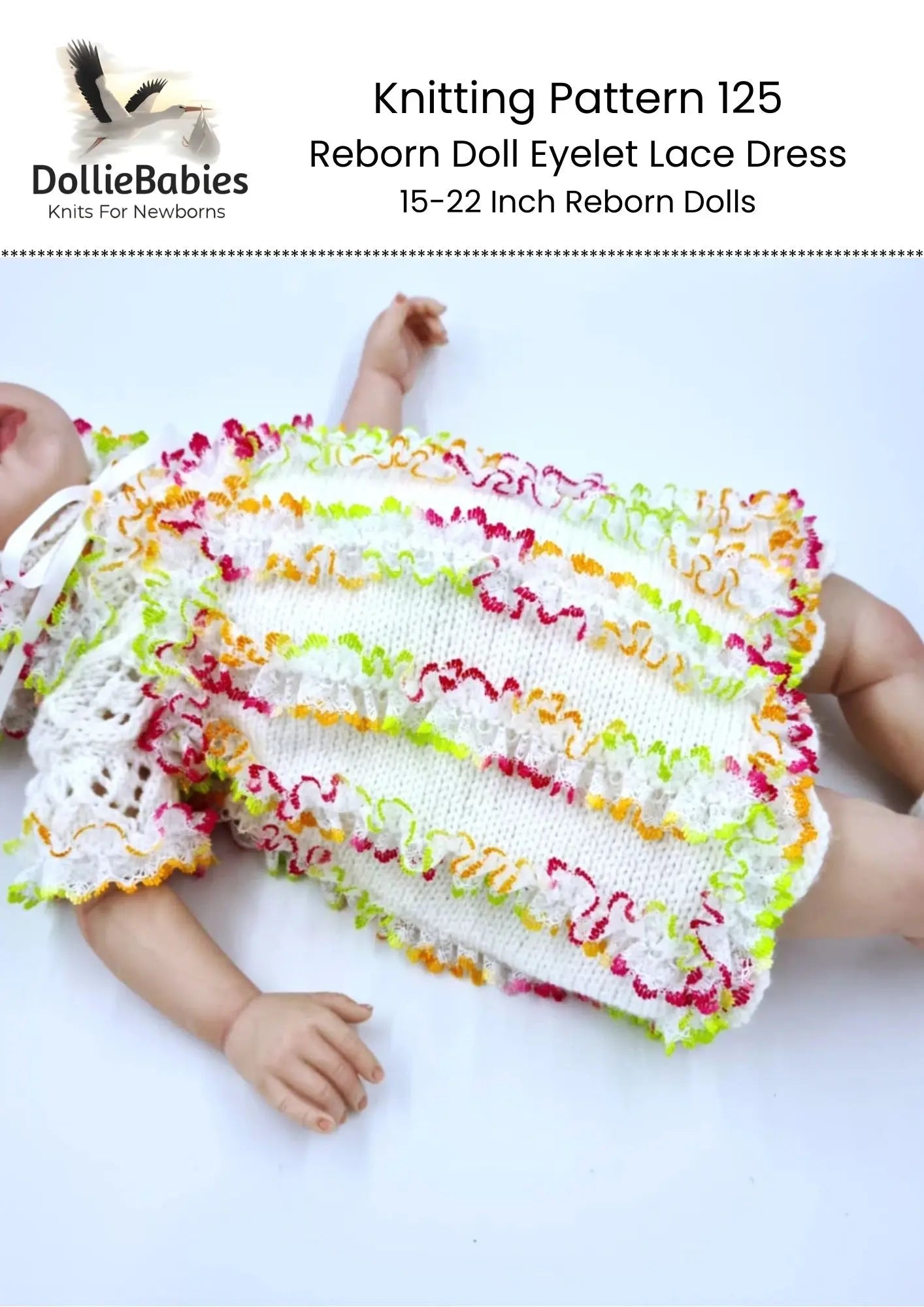 PRINTED Reborn Doll Eyelet Lace Dress Knitting Pattern 125 - DollieBabies