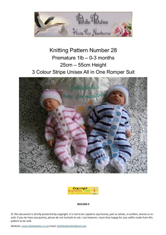 PRINTED Reborn Doll Onesie Knitting Pattern 28 - DollieBabies