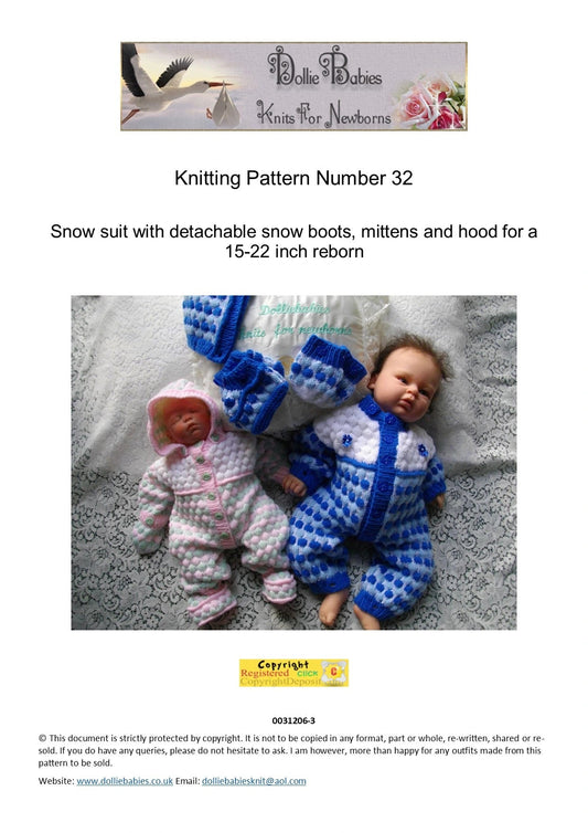 PRINTED Reborn Doll Snow Suit Knitting Pattern 32 - DollieBabies