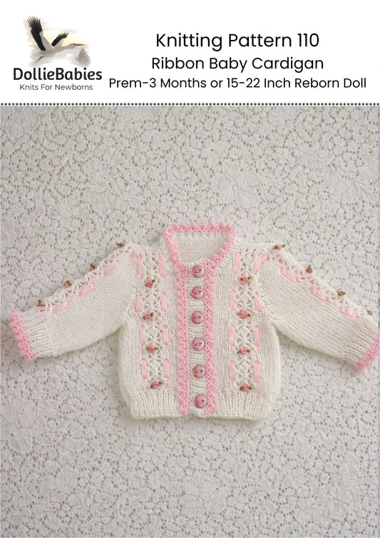 PRINTED Ribbon Baby Cardigan Knitting Pattern 110 - DollieBabies