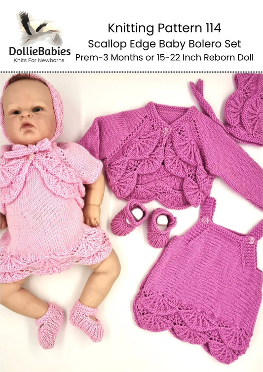 PRINTED Scallop Edge Baby Bolero Set Knitting Pattern 114 - DollieBabies