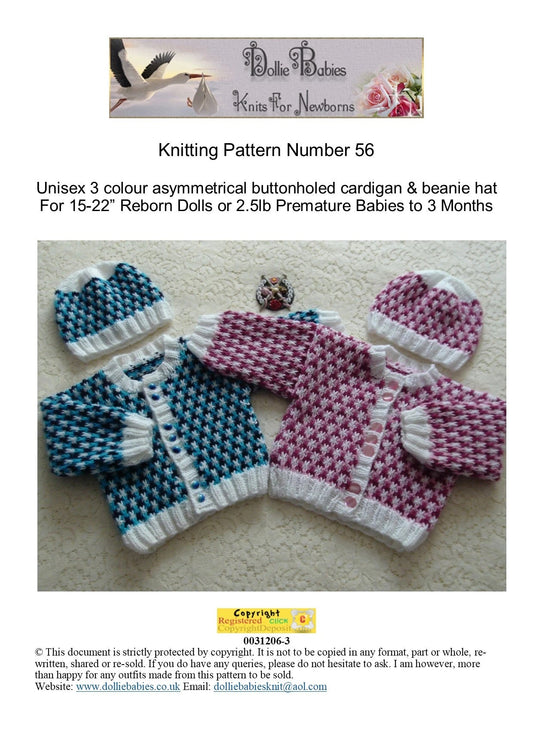 PRINTED Three Colour Cardigan Baby Knit Pattern 56 - DollieBabies