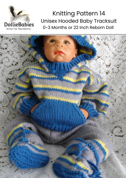 PRINTED Unisex Hooded Baby Tracksuit Knitting Pattern 14 - DollieBabies