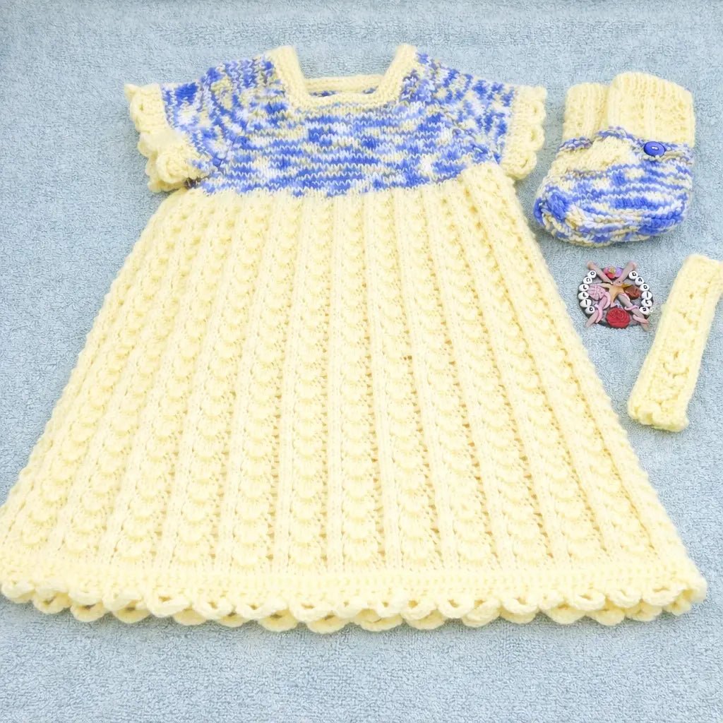 Ready Made Hand knit 3 - 6 month lemon baby dress - DollieBabies