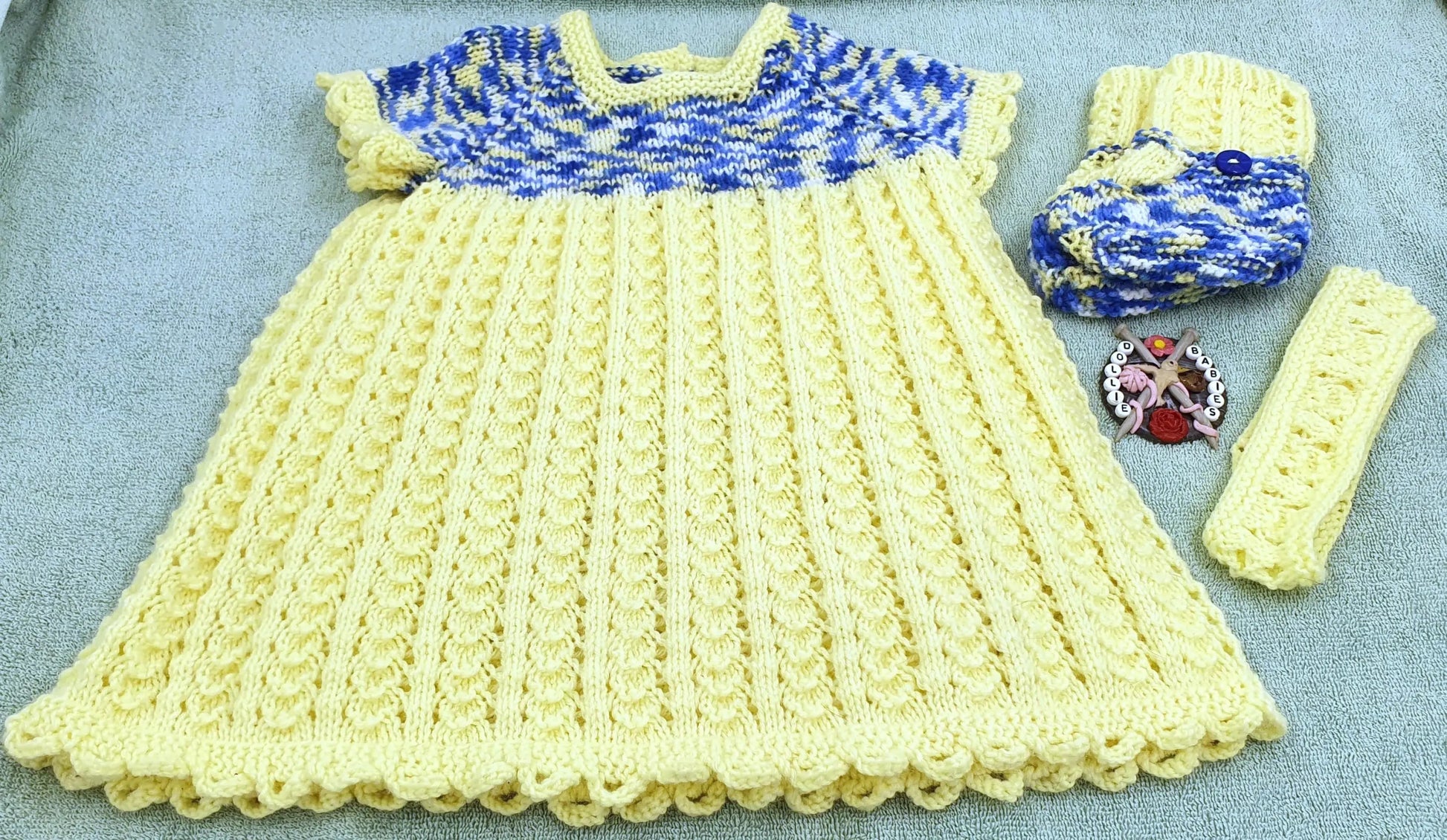 Ready Made Hand knit 3 - 6 month lemon baby dress - DollieBabies