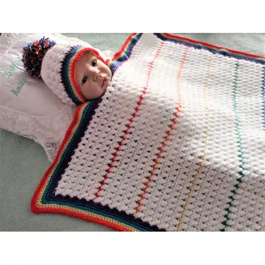 A crochet pattern for a babies blanket and hat made in colours of the rainbow