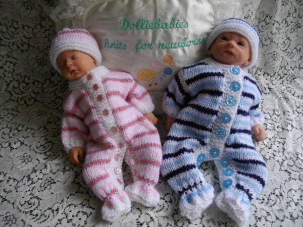 Knitting Pattern for a striped all-in-one romper for very premature -3 month reborn dolls or babies