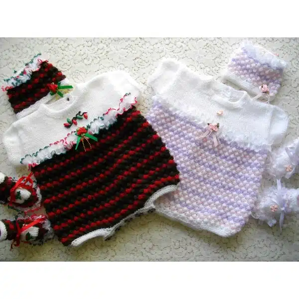 Christmas pudding coloured and pastel coloured onesies knitted from DollieBabies Knitting Pattern 016