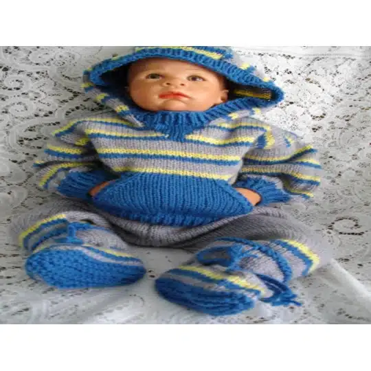 Unisex knitting pattern 014 for a kangaroo style baby track suit